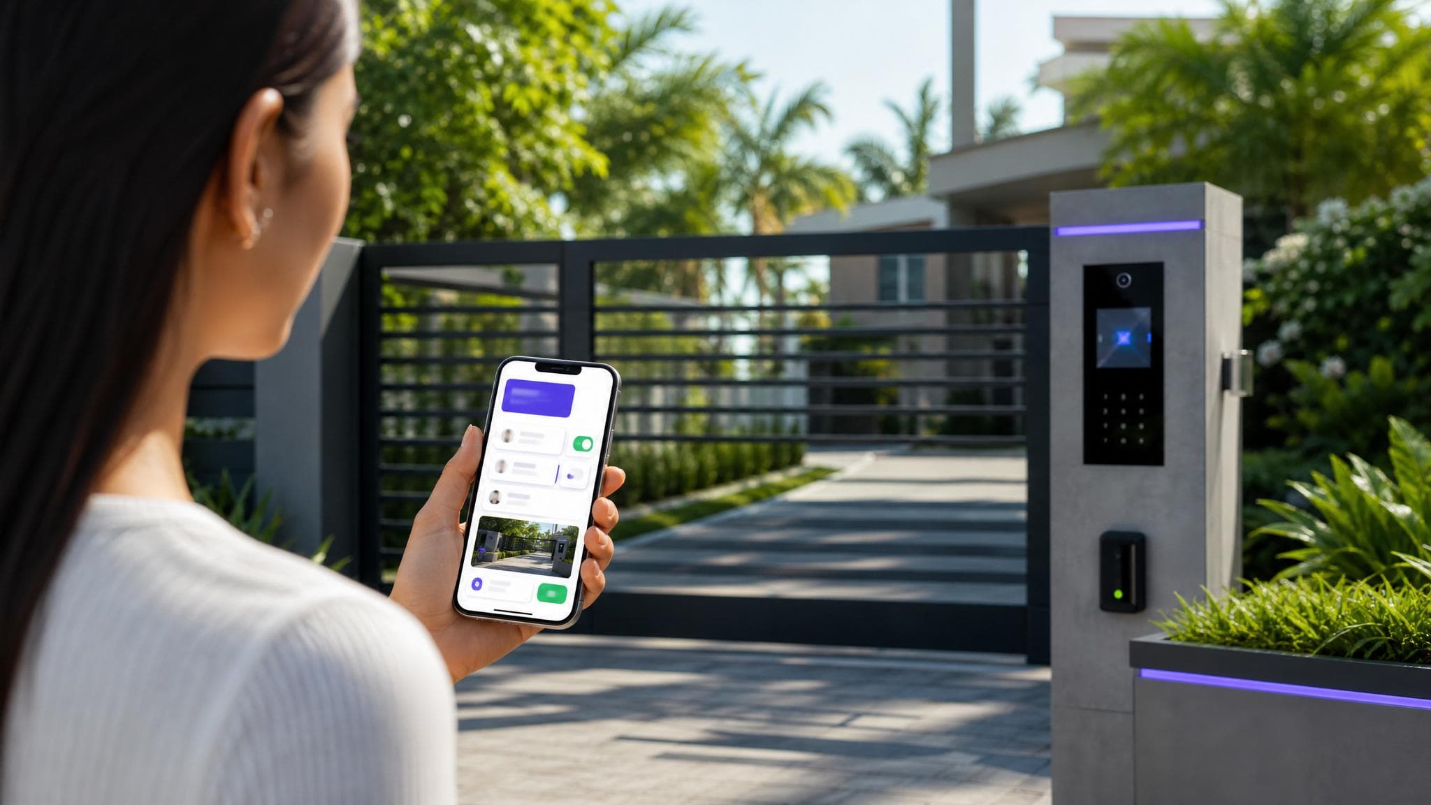 Residente usando una app móvil para controlar accesos